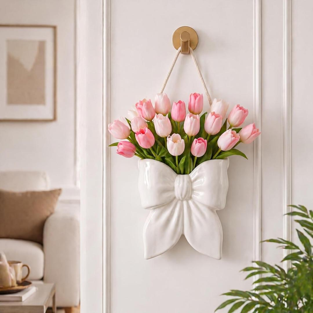 Boho Wall Vase for Flowers Butterfly Bow Wall Planter Ceramic Bow Hanging Vase Flower Pot Spring Coquette Cute Room Decor for Indoor Plants Living Room Home Bedroom Indoor Outdoor(White)