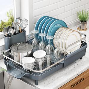 SNTD Dish Drying Rack, Expandable Dish Rack for Kitchen Counter, Stainless Steel Dish Drainer with Drainboard Set and Utensil Holder (Gray)