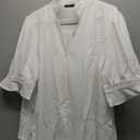 Womens Button Down Shirts Ruffle V Neck Casual Short Ruffle Sleeve Loose Plain Work Blouses Tops (XX-Large, White)