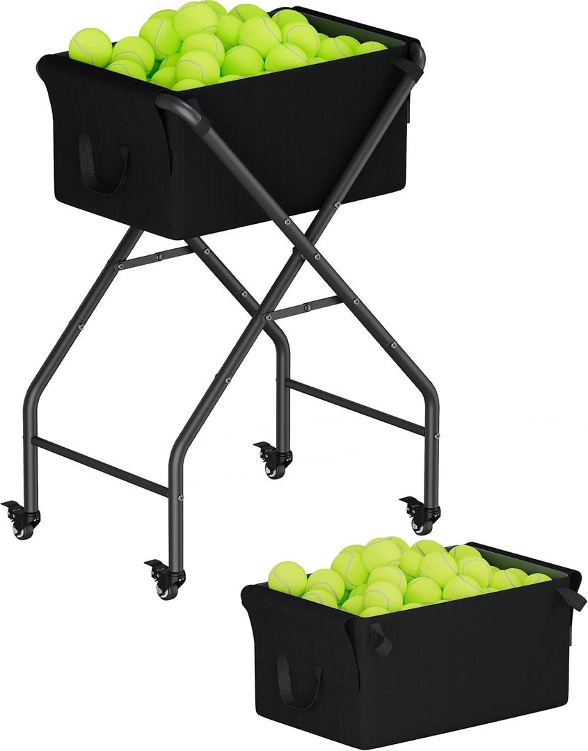 Tennis Ball Hopper Cart Holds 175 Tennis Balls or 140 Pickleballs, Portable Pickleball Collector Caddy with Wheels, Foldable Baseball Basket Holder for Court Training & Coaching (Black)