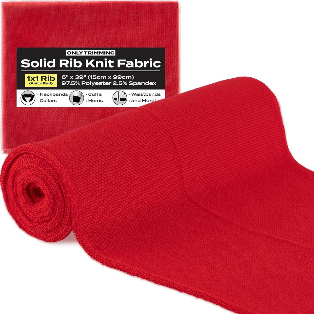 ONLY TRIMMING 1x1 Solid Rib Knit Fabric, Stretchy Knitted Ribbing for Cuffs, Collars, and Waistbands, Polyester-Spandex Blend, DIY Sewing Trim, 6 x 39 Inches (Red, 6 x 39 Inches)