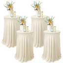 Tegeme 2 Packs Round Spandex Cocktail Tablecloths with Skirt 32 x 43 Inch Cocktail Round Table Cover Spandex Stretch Square Tablecloth Skirt for Table Bar Wedding Party Banquet (Beige)