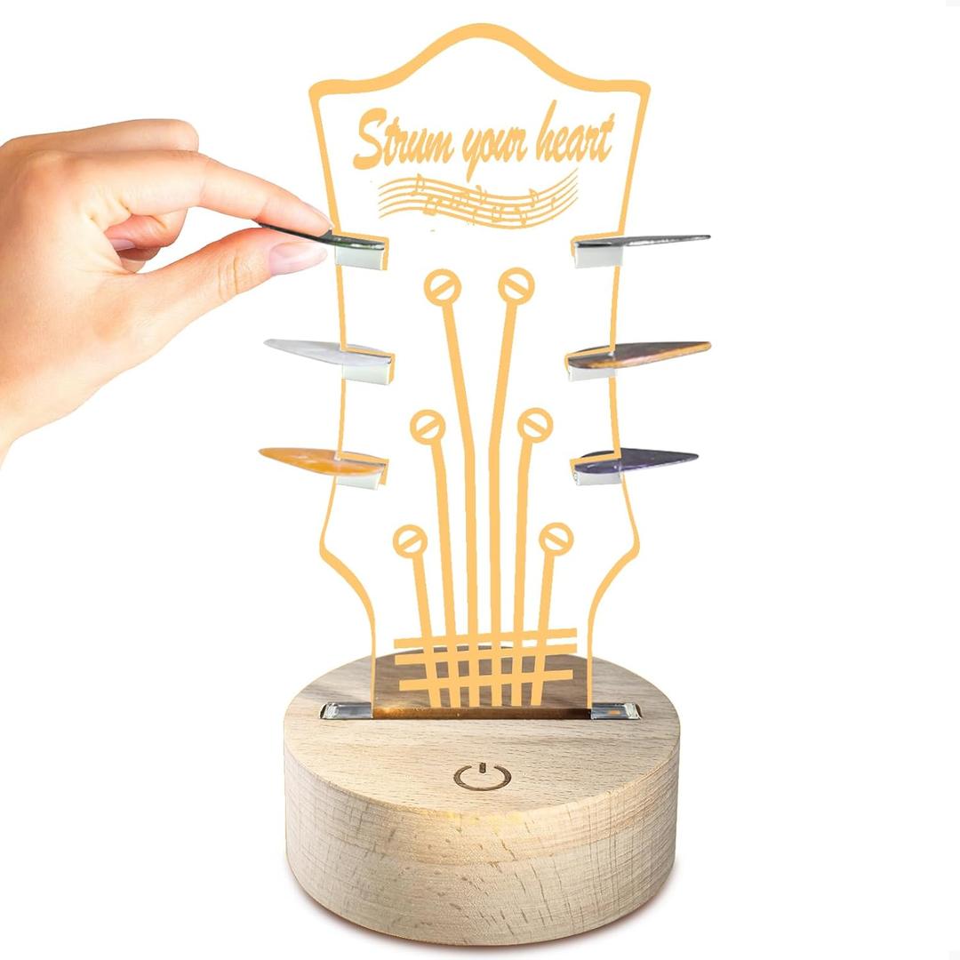 Light Up Guitar Pick Holder, Personalized Guitar Picks Display Holder with Wooden Base, Adjustable Brightness, Gift for Music Lovers & Guitar Players