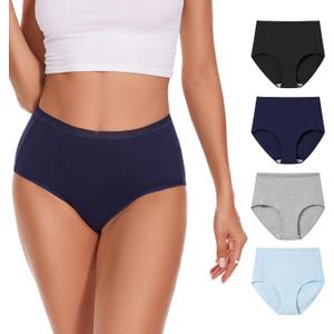 High Waisted Cotton Underwear for Women Lace Full Coverage Panties Soft Stretch Ladies Briefs (Multipack) (Large, Black,gray,dark Blue,light Blue)