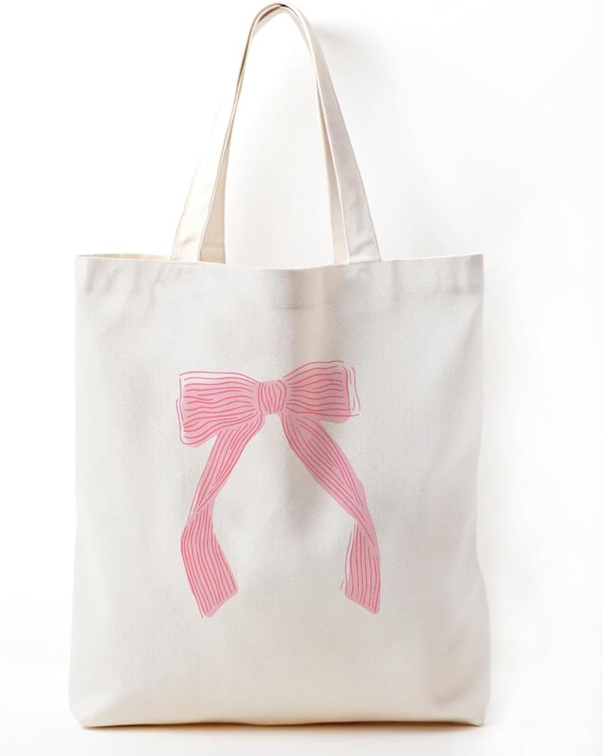 Coquette Pink Bow Canvas Tote Bag Aesthetic, Bow Beach Tote Bag, Trendy Gifts for Women 2025, Teen Girl Gifts Trendy Stuff, Shopping Bags
