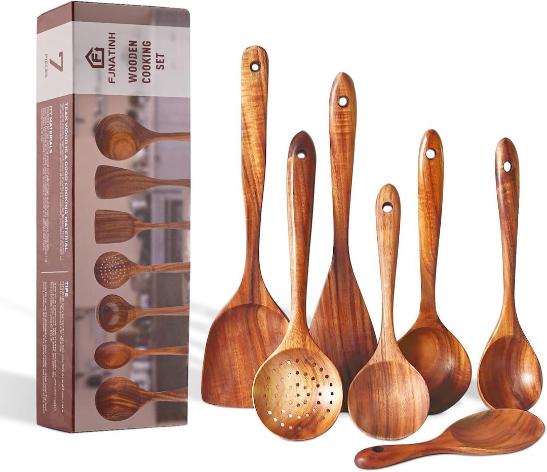 FJNATINH 7-Piece Nonstick Wooden Cooking Utensils Set, Natural and Healthy Kitchen Utensils7 Pcs