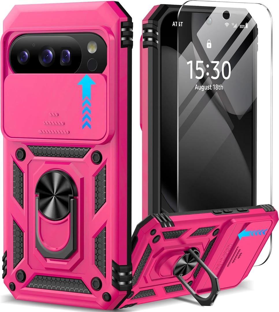 Taisairu for Google Pixel 10 Case/Pixel 10 Pro Case with Screen Protector & Slide Camera Lens Cover,Built-in Ring Stand Protective Phone Case for Pixel 10 Case/Google Pixel 10 Pro Case (Hot Pink)