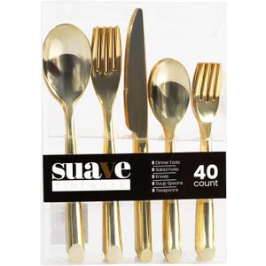 PLASTICPRO 40 Pieces Plastic Silverware Suave Elegant Premium Heavy Duty Gold Plastic Cutlery Set, Fancy Disposable Flatware