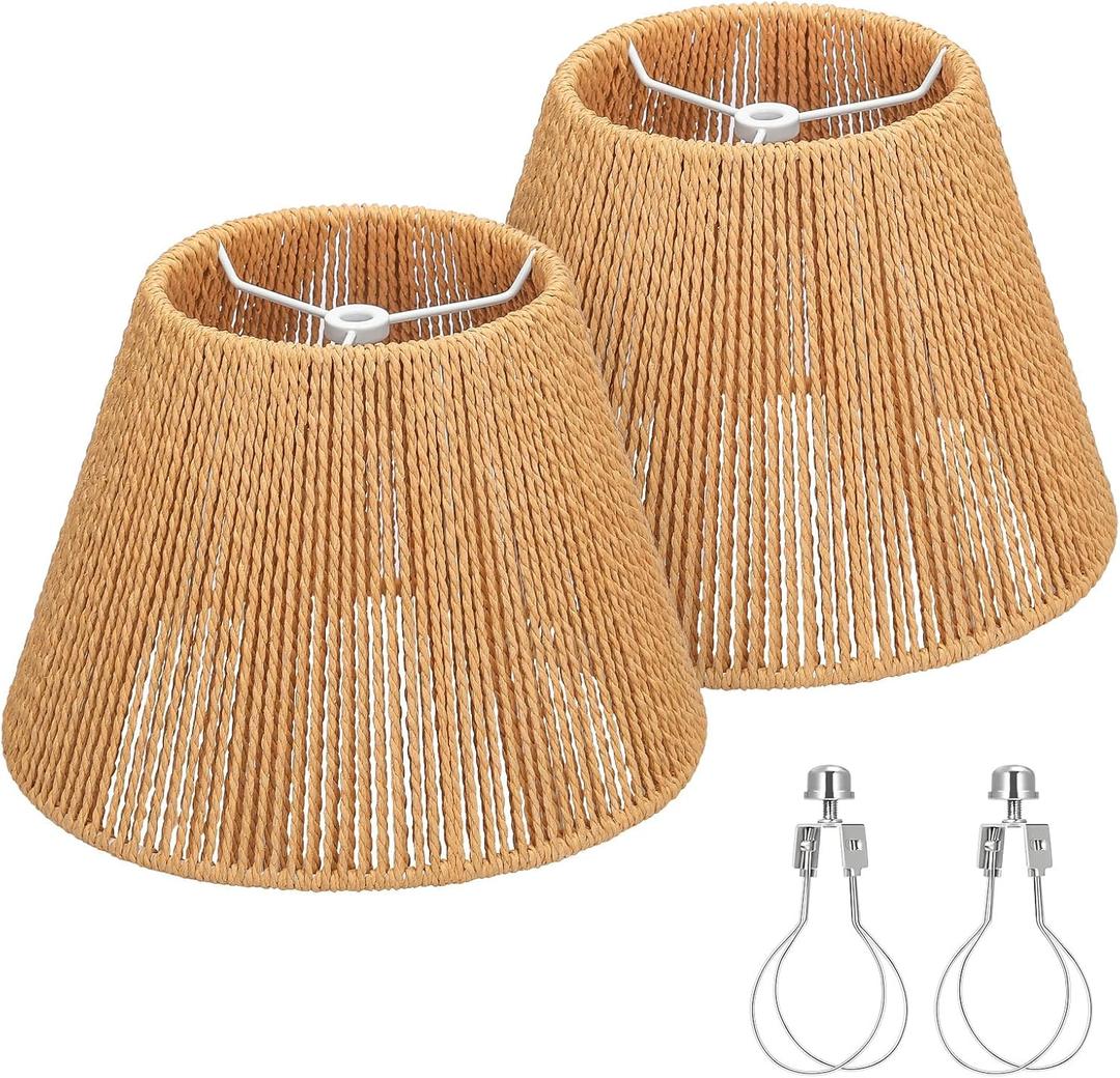 Rattan Lamp Shades Set of 2, Small Lamp Shades for Table Lamps, 5.5" Top x 10" Bottom x 6.6" High, Wicker Lamp Shade Replacement for Bedroom, Hand Woven Lampshade, Spider, Bulb Clip Adapters Included