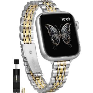 Moolia Slim Metal Band Compatible with Apple Watch Band 42/41/40/38/46/45/44/49mm Modern Design Elegant Luxury Women Replacement Bracelet for iWatch Series 11 10 9 8 7 6 5 4 3 2 1 SE/Ultra(1/2/3) (Silver/Gold Girlfriend)