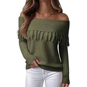 EVALESS Fall Sweater for Women Trendy 2025 Lightweight Sexy Off The Shoulder Knitted Pullover Tops Jungle Green M
