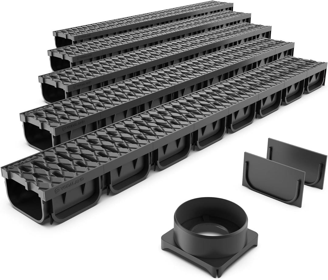 Vodaland - 4 Inch Trench Drain System with Grate - Black - Easy 2 (5 Pack)