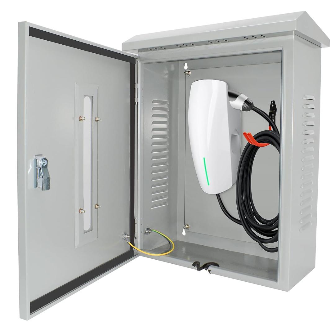 EV Charger Cover for Tesla Wall Charger, Outdoor EV Charger Box with Two Sizes of Cable Entry Ports, Compatible with Multiple Chargers, Lockable, Waterproof and Dustproof, 23.6 x 16.9 x 8.3''