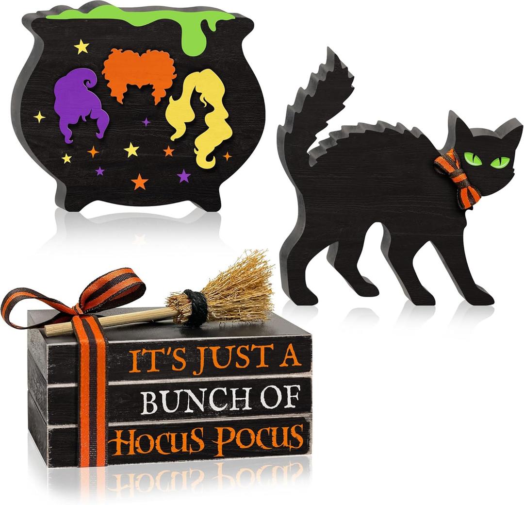 5PCS Halloween Wooden Signs Hocus Pocus, Decorative Wooden Faux Books Stack Black Cat Wood Table Signs, Cauldron Witches Sisters Halloween Tiered Tray Decor for Halloween Party Home Decorations