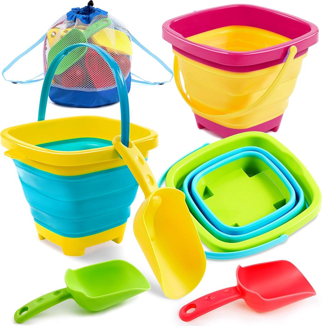 SLOOSH 3 PCS Foldable Buckets with 3 Shovels Sand Water Bucket Sandbox Square Party in Summer Foldable Pail Silicone Collapsible Bucket Kids Beach Toys Travel (Yellow/Blue/Green)
