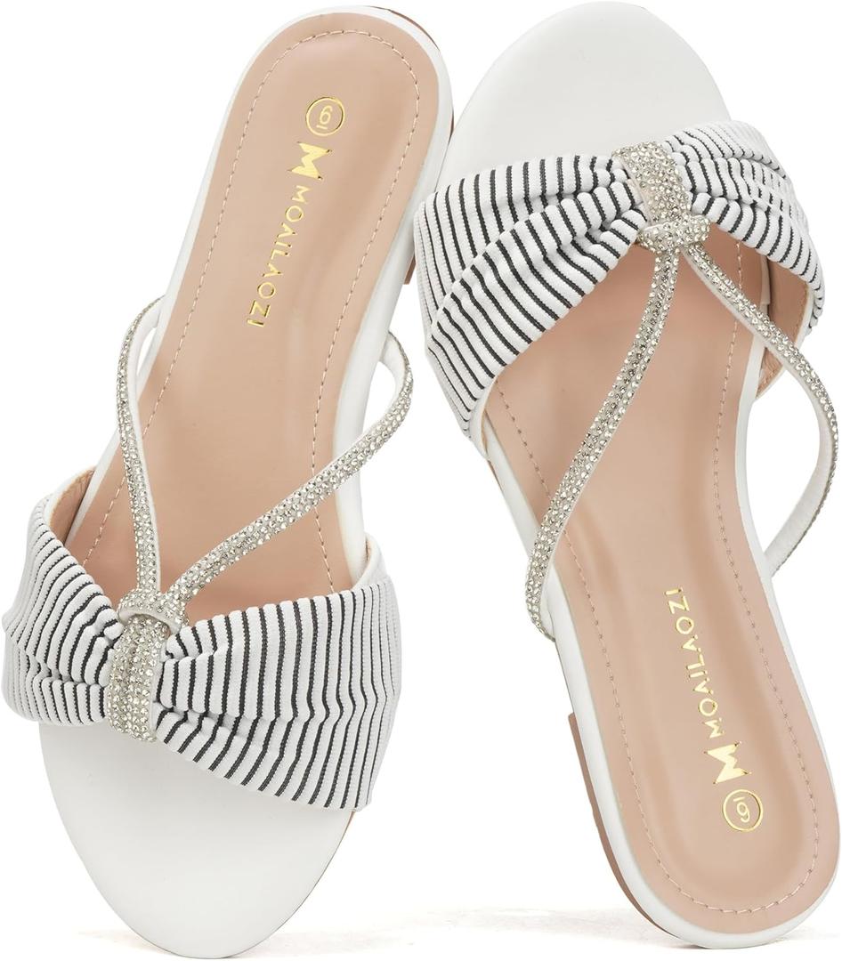 Women's Sandals Rhinestone Strappy Slides With Soft Memory Foam Insole, Dressy Open Toe Beach Slippers Flats for Summer (7, White)