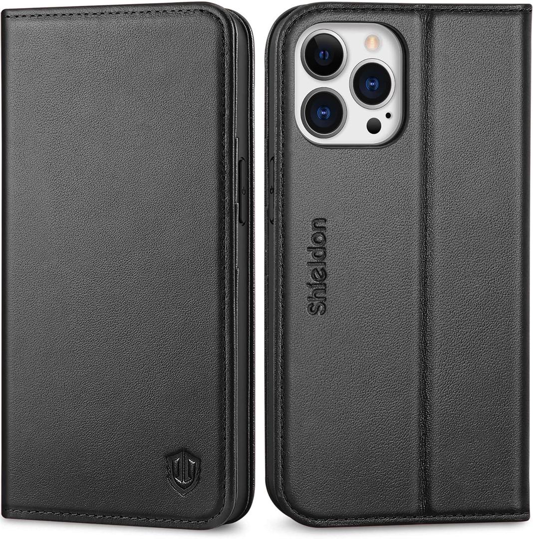 SHIELDON Case for iPhone 13 Pro 5G, Genuine Leather Wallet Case RFID Blocking Credit Card Holder Folio Magnetic Kickstand Shockproof Cover Compatible with iPhone 13 Pro 5G 6.1" - Black