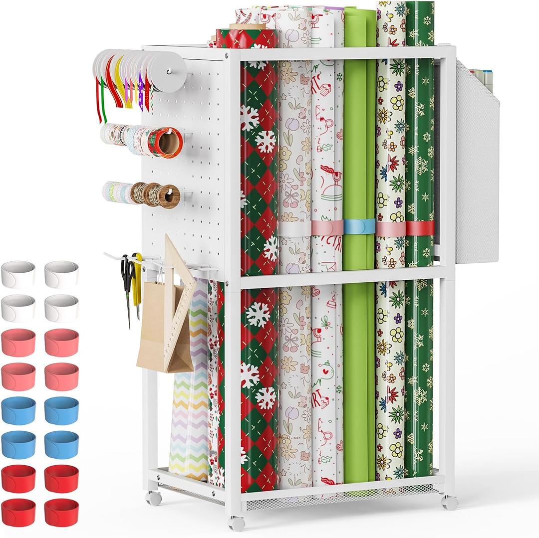 Wrapping Paper Organizer with Wheels, Metal Gift Wrap Storage Cart, Vertical Craft Organizer with 16 Slap Bands for Wrapping Paper Rolls, Wrapping Supplies Storage (Large)