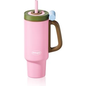36 oz Tumbler with Handle and Straw, Ceramic Lined Water Bottle Vacuum Insulated Cup, Stainless Steel Travel Mug with Lid,Fits Cup Holder, Leak Resistant Press-in Lid, Pink (Peach Blossom Pink)