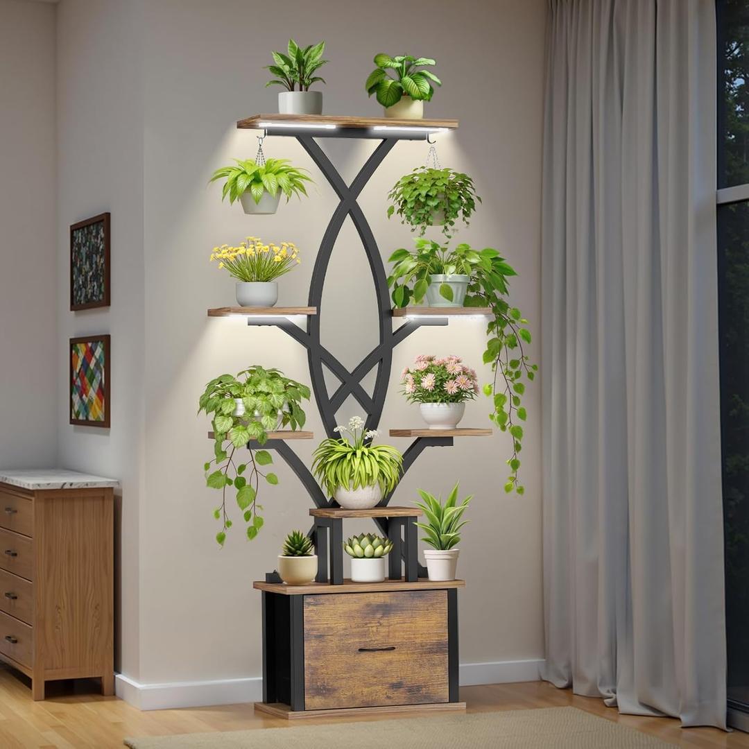 Plant Stand Indoor with Grow Lights - 8 Tiered Plant Shelf with Storage Drawer, 65" Tall Plant Shelf with Grow Light & 2 Hooks, Corner Plant Stand for Indoor Plants, Metal Plant Holder for Home, Patio