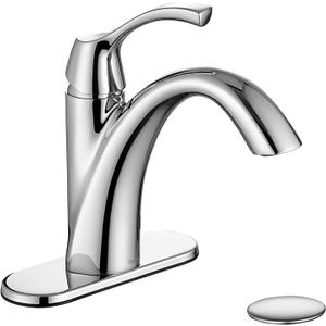 Chrome Bathroom Faucet, Single Handle Bathroom Sink Faucet for 1 Hole with 3 Holes Deck Plate, Lavatory Vanity Faucets, Pop Up Drain and Water Supply Lines Included, TAF206-CP