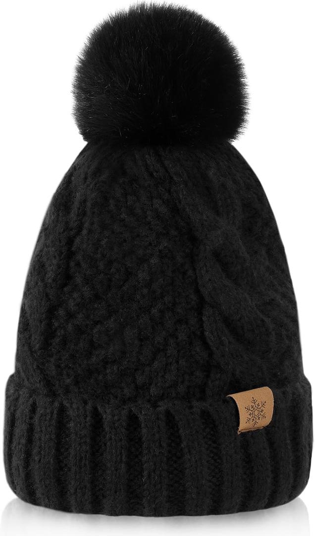 Winter Hats for Women- Winter Beanie Womens with Bobble, Soft Warm Ribbed Knit Cuffed Womens Winter Hat (Black)