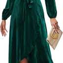 Women's Velvet V Neck Puff Sleeve Dress for Wedding Guest Cocktail Elegant Bodycon Party Midi Dress (Green, XL)