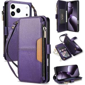 Compatible with iPhone 17 Pro Max Wallet Case with Card Holder Fashion PU Leather Magnetic Snap Flip Zipper Strap Protective Phone Case for iPhone 17 Pro Max Case Wallet(6.9 inch-Purple)