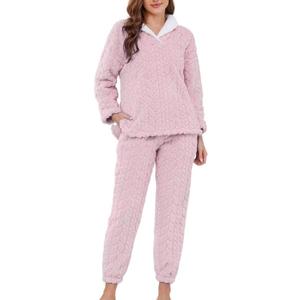 LYCY Fluffy Pajamas set for Women Fleece Pullover 2 Piece Pjs Set Soft Plush Sleepwear Winter Loungewear, Large, Light Pink
