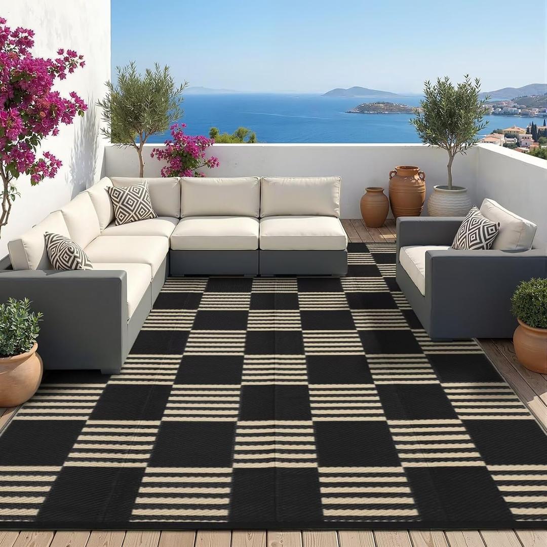 Garvee Waterproof Outdoor Rug 9x12, Checkered Foldable Plastic Straw Patio Camping Rug, Outdoor RV Carpet for Deck Camper Porch Balcony Backyard Picnic Beach Black and Brown