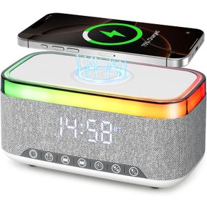 Portable Bluetooth Speaker with 15W Wireless Charging, 4 in 1 Alarm Clock Radio, 13-Color Dimmable LED Night Light - White Noise, 10W TWS Wireless Speaker, for Home, Bedroom, Office, Gift (White)