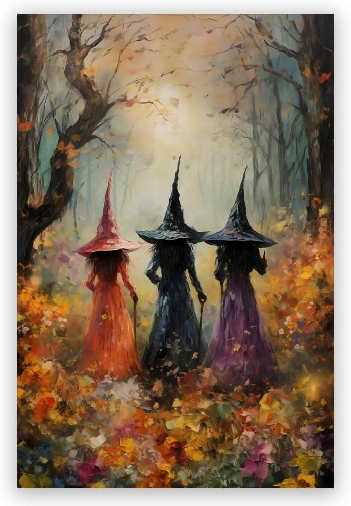 Vintage Halloween Wall Art Print Magical Beautiful Enchanting Witches In The Woods Canvas Poster Witch Decor Vintage Room Decor for Home Living Room Aesthetic 24x36inch Unframed