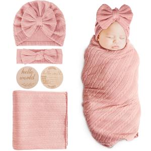 DRESHOW BQUBO Baby Swaddle Blankets for Girls, 4PCS Newborn Accessories Set with Matching Hat and Bow Headband with Card