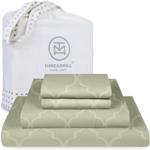 Threadmill Cotton Queen Sheet Set | 100% Cotton Sheets for Queen Size Bed | Damask Jacquard Queen Bed Sheets Set with 16 Deep Pocket | Soft Sateen Weave 4-Piece Cooling Bedding Set | Sage (Sage Green Tradition)