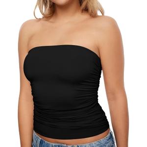 KKJ Womens Strapless Tube Tops Ruched Bandeau Stretchy Basic Going Out Summer Shirts Crop Tank Top (Black, M)