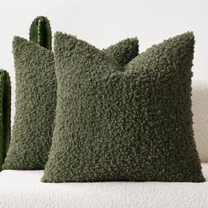 Woaboy Faux Fur Throw Pillow Covers 20x20 Inch Set of 2 Boucle Neutral Decorative Sherpa Fuzzy Accent Soft Sheepskin Fleece Cushions Modern Home Decor for Couch Sofa Bedroom Living Room,Olive Green
