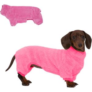 Dachshund Dog Fleece Jumpsuit Turtleneck Sweater, Suitable for Dachshunds, Winter Soft Cozy Dog Pajamas Clothes (Neon Pink, Large)