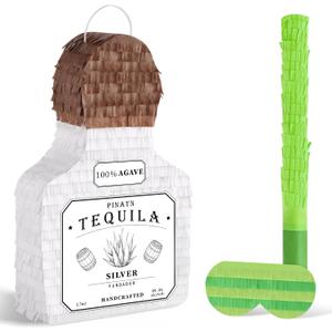White Tequila Bottle Piñata Tequila Pinata with Bat Blindfold for Adult Party Decorations Cinco De Mayo Fiesta Mexican Carnivals Birthday Anniversary Party Supplies
