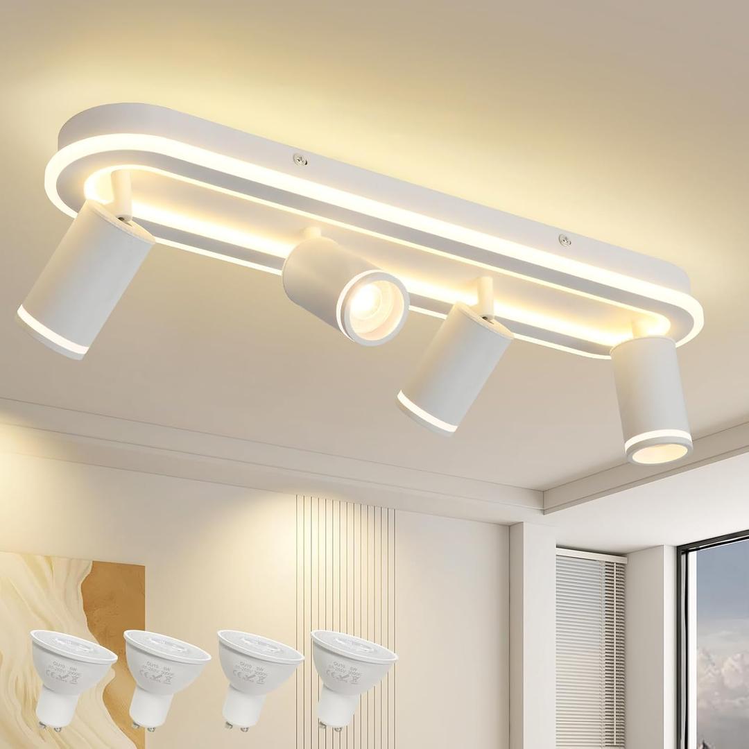 LED 4 Light Track Lighting Spotlight Kit, White Ceiling Spotlights, Modern Track Light Fixture with Flexibly Rotatable Light Heads, 50W+20W Dual Lighting for Kitchen Living Room,Includes 4 x GU10 Bulb