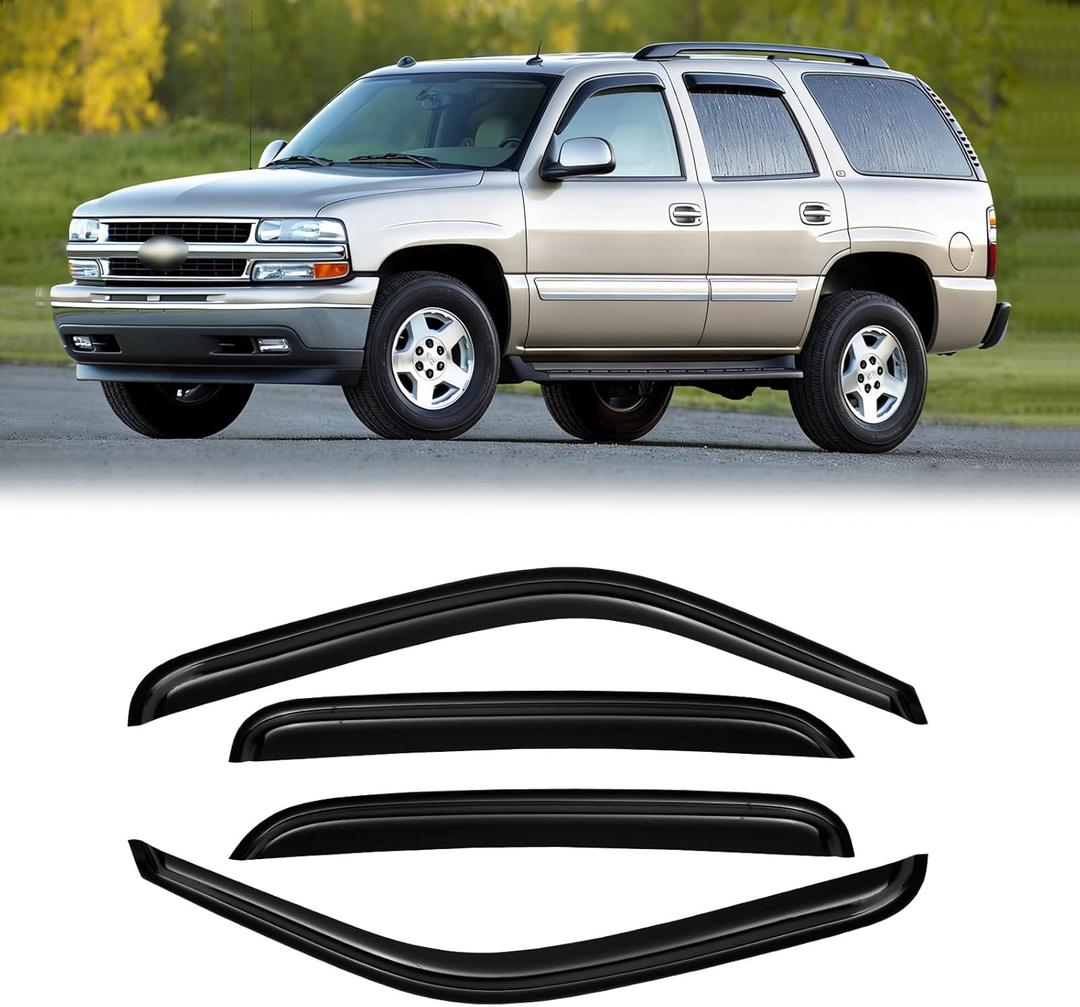 Window Visors for 2000-2006 Chevrolet(Chevy) Tahoe & GMC Yukon (Not fit Yukon XL), Rain Guards Shields Vent Deflector Shade Dark Smoke 2002-2006 Cadillac Escalade, Tape-On, 4PCS