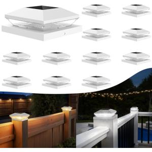 T-SUN Solar Fence Post Cap Lights 12 Pack  Outdoor Waterproof Solar Powered Deck Post Lights for 3.5x3.5 4x4 5.5x5.5 6x6 Vinyl/Wooden Posts  Warm/Cool White Modes for Porch,Yard,Walkway,Gate