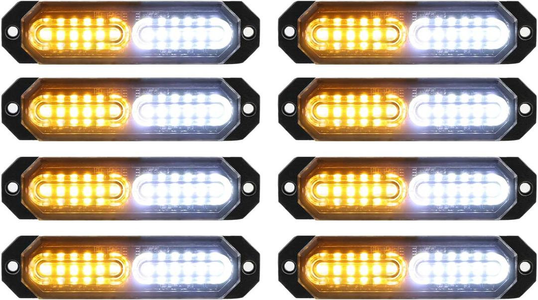 ASPL 8pcs Sync Feature Ultra Slim 12-LED Surface Mount Flashing Strobe Lights for Truck Car Vehicle LED Mini Grille Light Head Emergency Beacon Hazard Warning Lights (Amber/White)