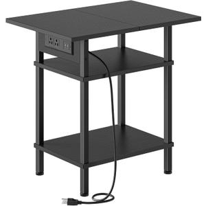 Asgolion Side Table with Charging Station, Skinny Nightstand with USB Ports and Outlets, 3 Tier Narrow End Table with Storage for Bedroom, Living Room, Office, Black
