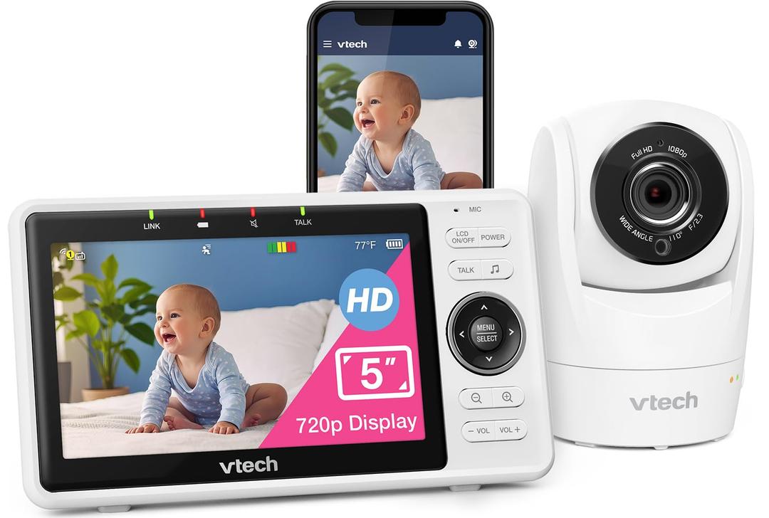 VTech VM901 Smart WiFi Baby Monitor with 1080p FHD Camera and 5" HD IPS Display, Free App, Remote Pan Tilt Zoom, Night Vision, Motion Detection Alerts