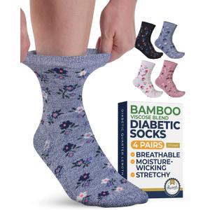 Pembrook Ankle Diabetic Socks for Women & Men - 4 Pairs Flowers, Moisture-Wicking Non Binding Socks Women, Neuropathy and Edema, Stretchy Wide Top