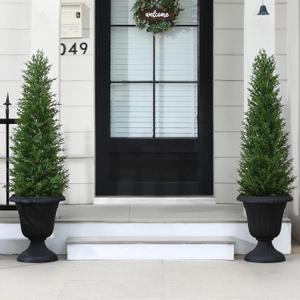 Artificial Cedar Topiary Trees for Outdoor,4FT Fake Norfolk Pine Plants Set of 2,UV Protection All-Year Green Tree for Christmas,Home Decor Indoor, Porch,Garden,Entryway