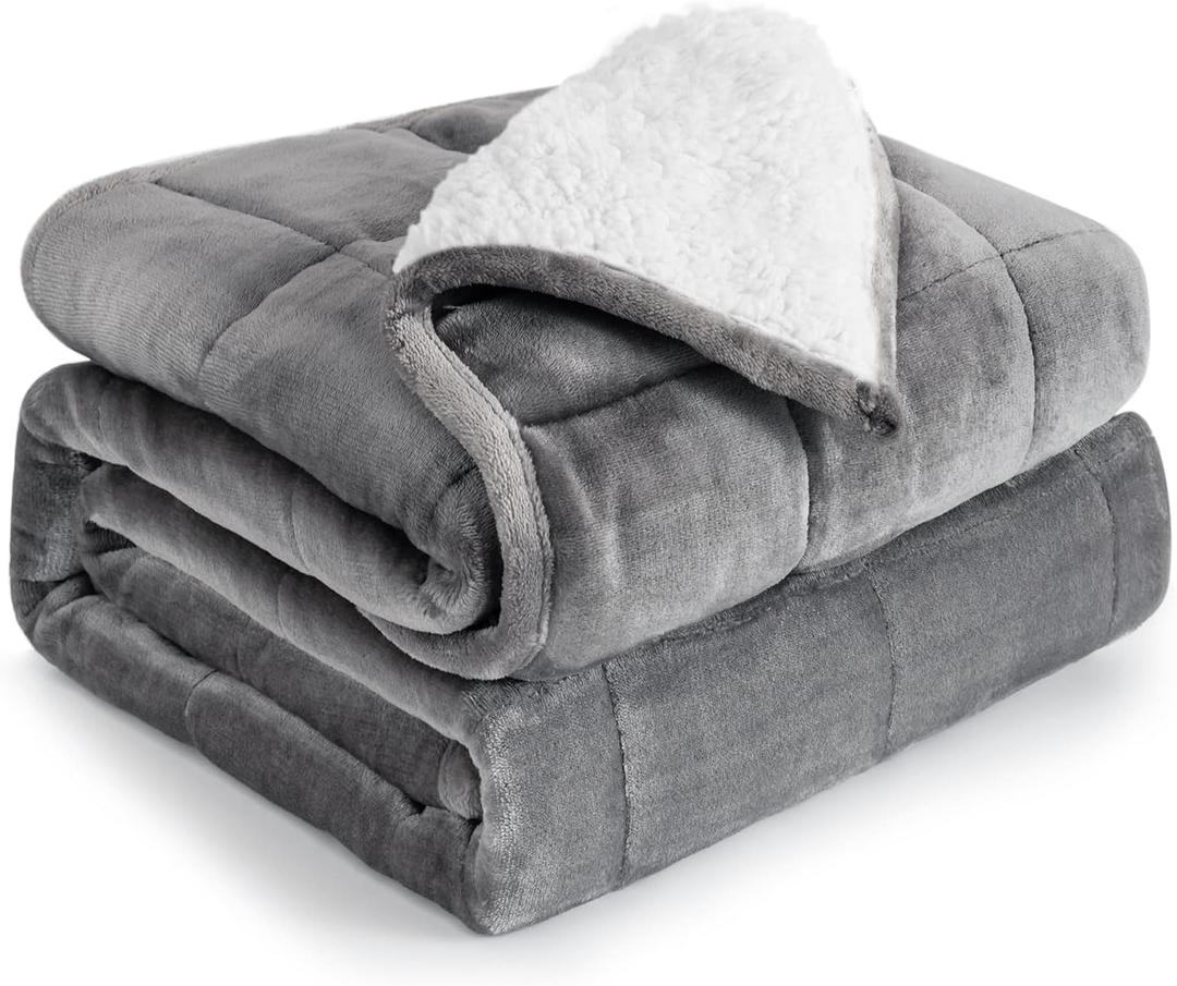 Cottonblue Sherpa Weighted Blanket 15 lbs, Fleece Flannel Heavy Blanket Twin Size, Soft Cozy Fuzzy Weighted Blankets 48 x 72 inches, Idea Gifts for Adults Birthday (White Grey)