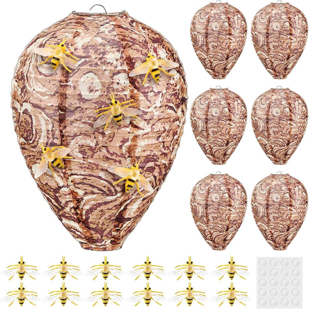 6 Pcs Wasp Nest Decoys, Hanging Fake Wasp Nests with 12 Simulated Bees and Adhesive Dots, Paper Hornet Nest Decoys Deterrent for Outdoor Patio Eaves Garden Home Yard(Vintage)