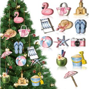 Maitys 36 Pcs Beach Wooden Ornaments Ocean Summer Tree Decorations Coastal Nautical Seaside Wood Cutouts Navigation Hanging Ornaments Xmas Decorations for Home Tree Wall Wreath Crafts(Pink Beach)