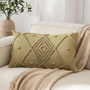 Boho Geometric Textured Lumbar Pillow Cover 12x 20, Woven Tufted Neutral Decorative Linen Pillow Cushion Case, Farmhouse Home Decor for Outdoor Couch Bedroom Car Sage Green (Olive)